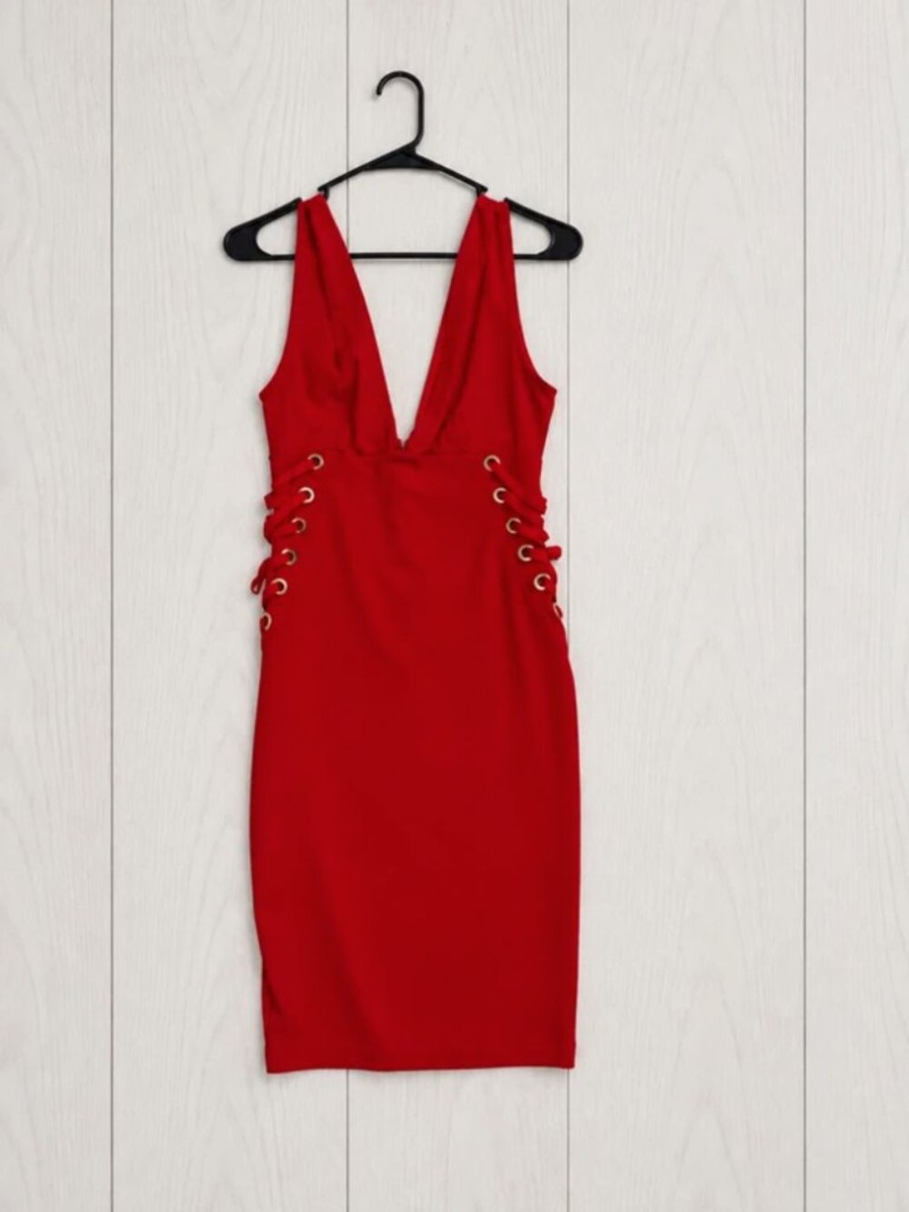 Iris Women’s L Red Solid V-Neck Sleeveless Bodycon Mini Dress Lace-Up Zip